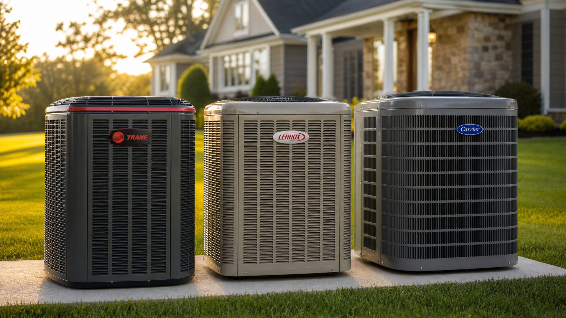 Trane, Lennox and Carrier air conditioning units side by side at a Connecticut home