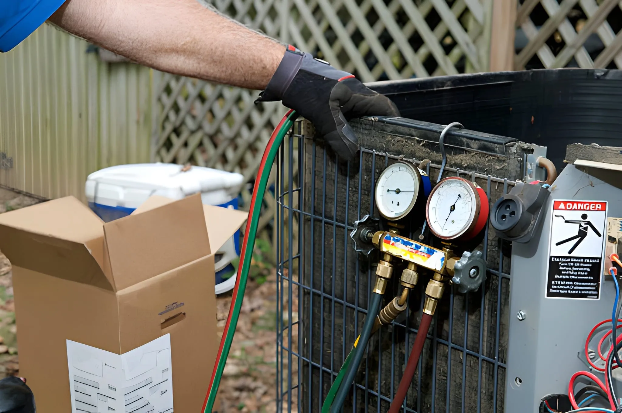 Technician performing a seasonal HVAC tune-up with pressure gauges